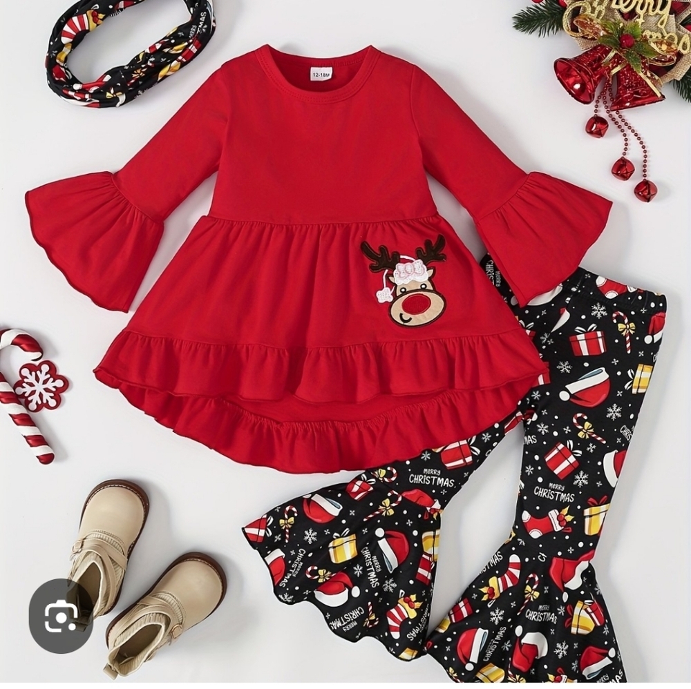 NWT Kida Red Reindeer Flared Leg, Top, & Headband Matching Set